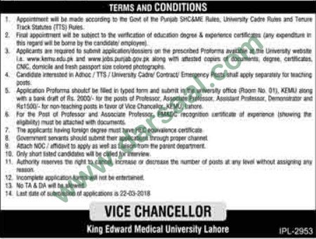 Professor of Chemical Sciences Jobs at King Edward Medical University Lahore, 9 March 2018