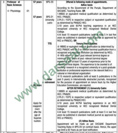 Professor of Basic Sciences Jobs at King Edward Medical University Lahore, 9 March 2018
