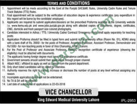 Professor of Basic Sciences Jobs at King Edward Medical University Lahore, 9 March 2018