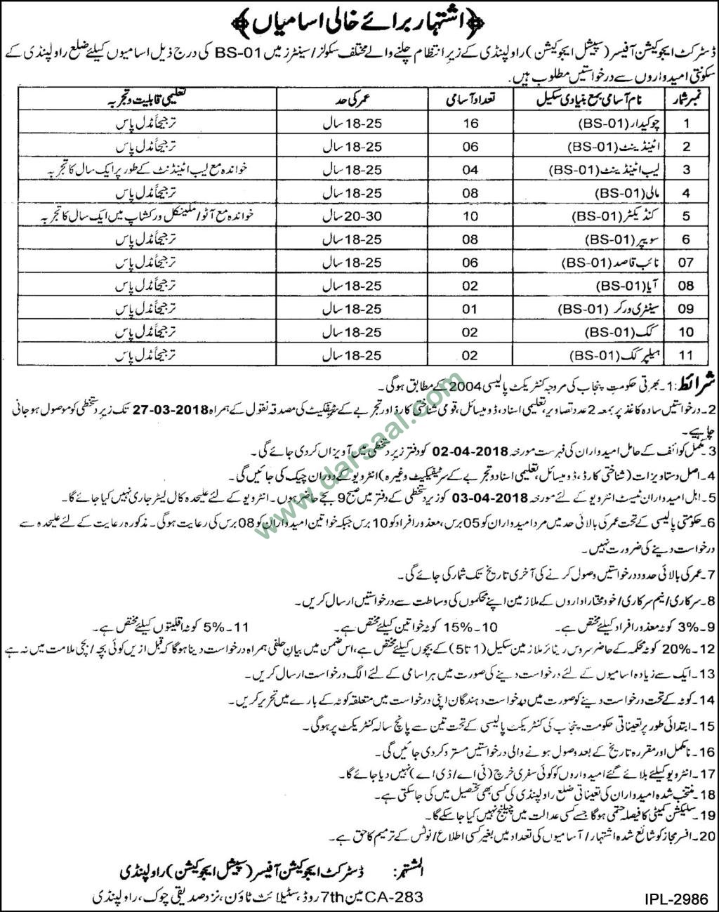 Lab Attendant, Security Guard, Mali, Sweeper Jobs in District Education Rawalpindi, 09 March 2018
