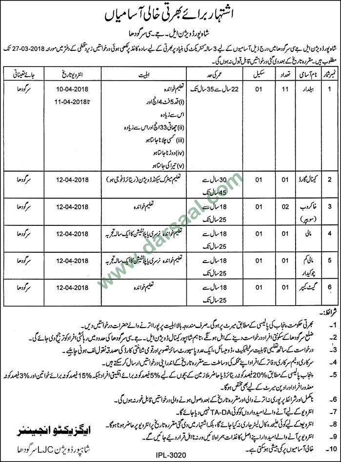 Security Guard, Mali, Khakrob, GateKeeper, Sweeper Jobs in Shahpur Division Sargodha, 09 March 2018