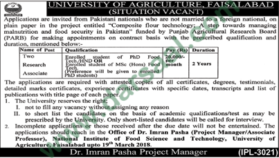 Research Associate Jobs in University of Agriculture Faisalabad, 09 March 2018