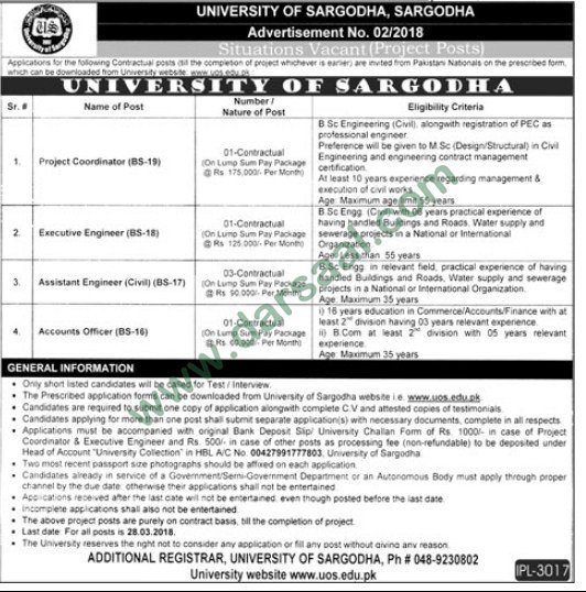 Coordinator, Assistant, Accountant, Executive Engineer Jobs in University of Sargodha, 9 March 2018