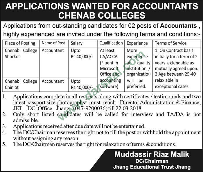 Accountant Jobs in Chenab College Jhang, 10 March 2018