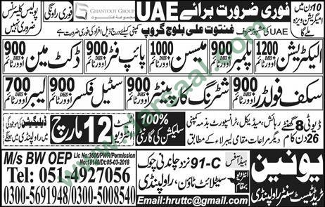 Mason, Electrician, Steel Fixer, Labour Jobs in UAE, 10 March 2018