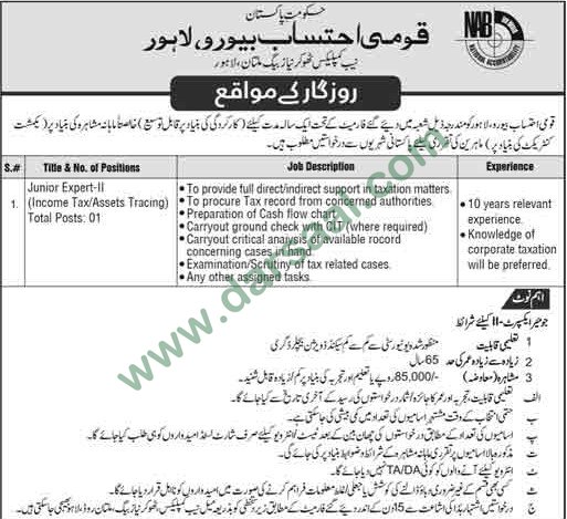Junior Expert Jobs in National Accountability Bureau Lahore, 10 March 2018