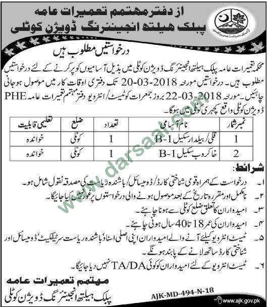 Khakrob & Baildar Jobs in Public Health Engineering Kotli, 10 March 2018