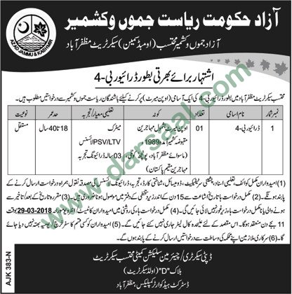 Driver Jobs in District Headquarter Complex Muzaffarabad, 10 March 2018