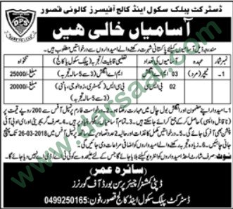 Teacher Job in District Public School & College Kasur, 10 March 2018