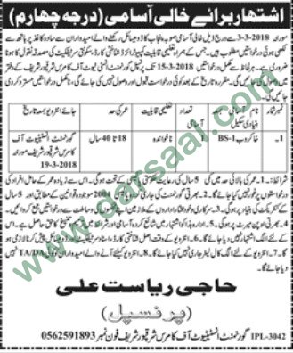 Khakrob Jobs in Institute of Commerce Sharaqpur, 10 March 2018