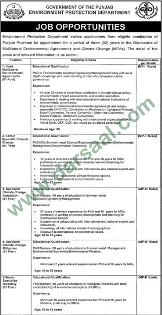 Head Environmental Agreement, Specialist Climate Change Jobs in Environment Protection Department Lahore, 10 March 2018
