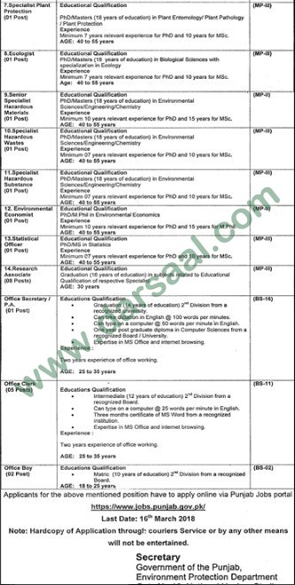 Head Environmental Agreement, Specialist Climate Change Jobs in Environment Protection Department Lahore, 10 March 2018