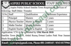 Principal & Teachers Jobs in Quetta, 10 March 2018