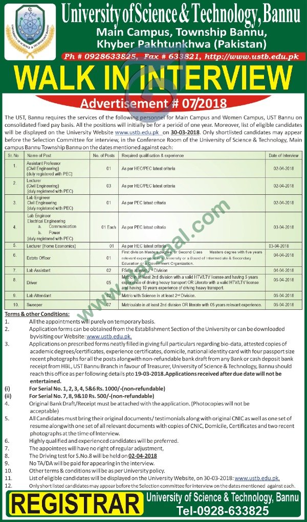 Driver, Lab Assistant, Sweeper Jobs in University of Science & Technology Bannu, 10 March 2018