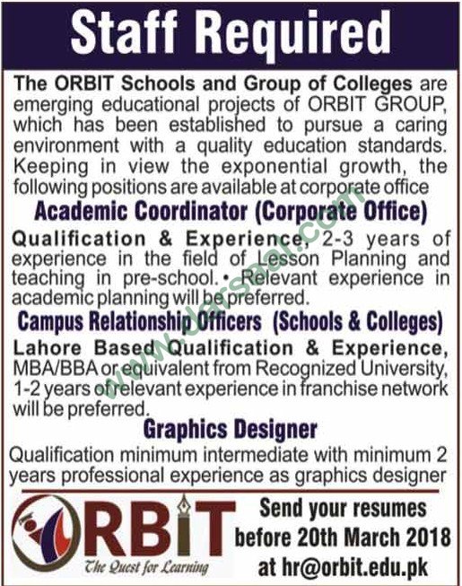 Coordinator & Campus Relationship Officer Jobs in Lahore, 11 March 2018
