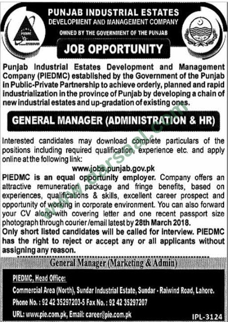 General Manager ( Marketing & Admin ) Jobs in Lahore, 11 March 2018
