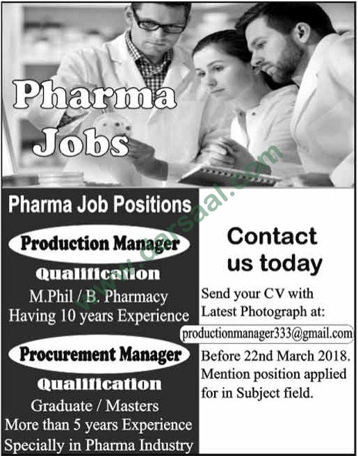 Production Manager & Procurement Manager Jobs in Lahore 11 March 2018