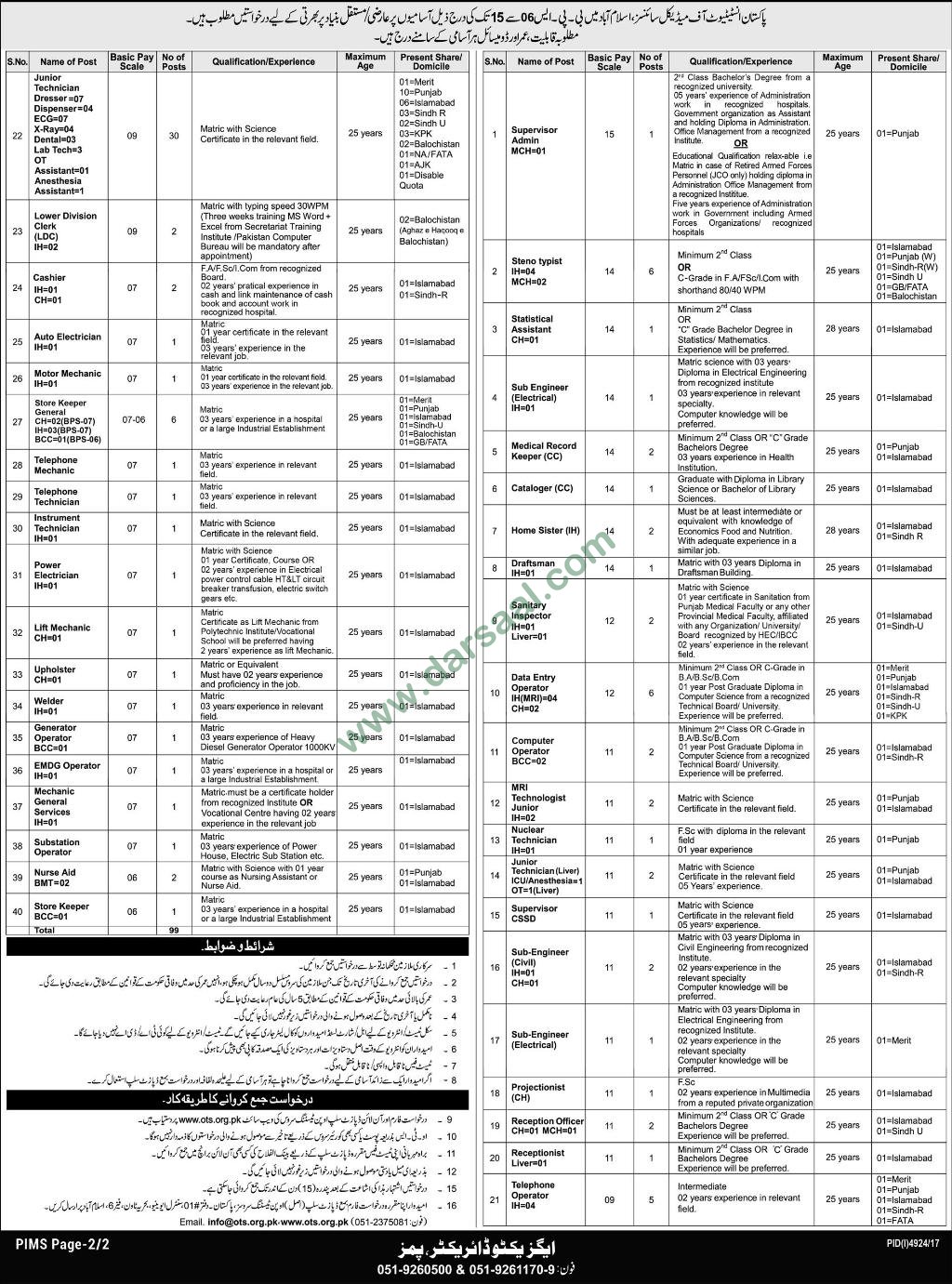 Supervisor, Steno Typist, Statistical Jobs in Pakistan Institute of Medical Sciences Islamabad, 11 March 2018