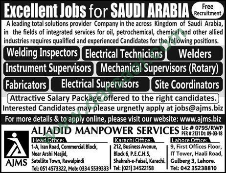 Helper, Mechanic, Electrician Jobs in Sudia Aabia, 11 March 2018