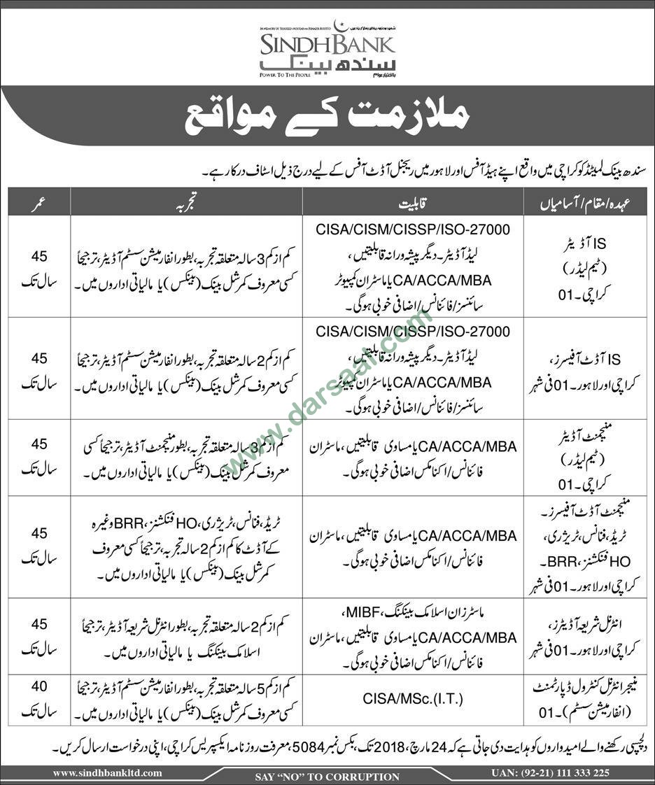 Officer, Manager Jobs in Sindh Bank Karachi, 11 March 2018