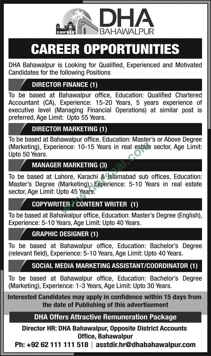 Director Marketing, Manager Marketing, Graphic Designer Jobs in DHA Bahawalpur, 11 March 2018