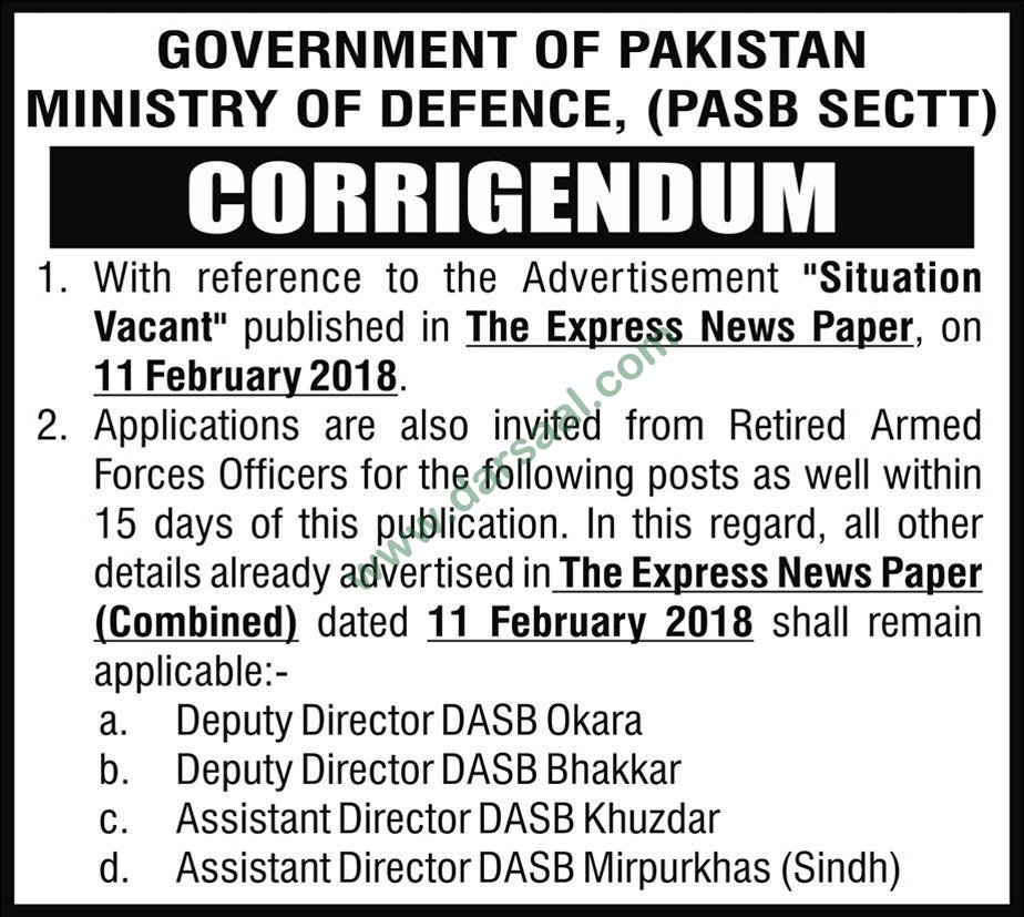 Deputy Director, Assistant Director Jobs in Ministry of Defence, 11 March 2018