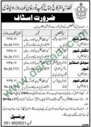 Teachers Jobs in Fazaia Intermediate College Rawalpindi, 11 March 2018