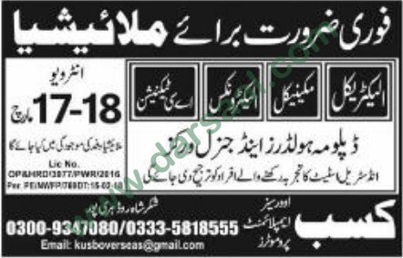 Electrician, Mechanic, AC Technician Jobs in Malaysia, 11 March 2018