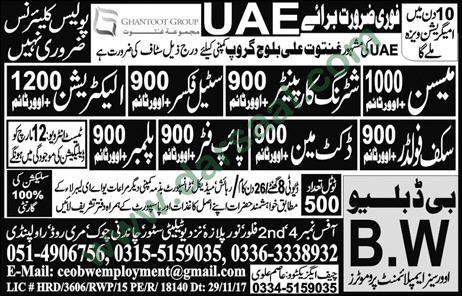 Plumber, Mason, Steel Fixer, Carpenter Jobs in UAE, 11 March 2018