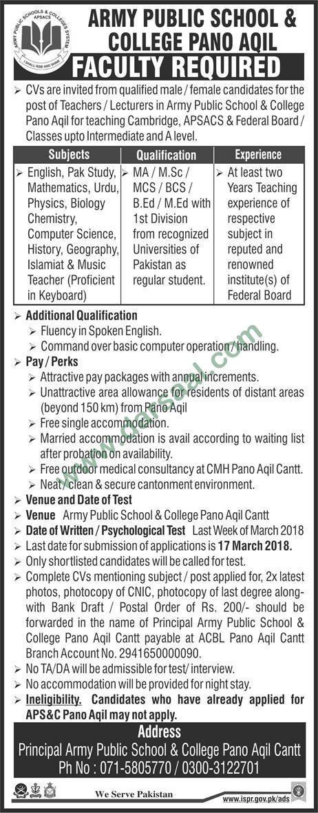 Teachers, Lecturer Jobs in Army Public School & College Pano Aqil, 11 March 2018