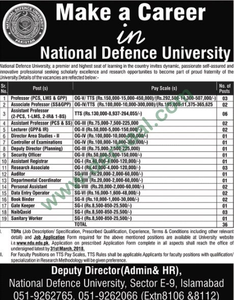 Lecturer, Professor, Research Associate, Naib Qasid Jobs in National Defence University Islamabad, 11 March 2018