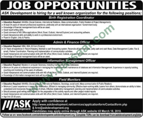 Coordinator, Admin, Officer Jobs in ASK Department, 11 March 2018