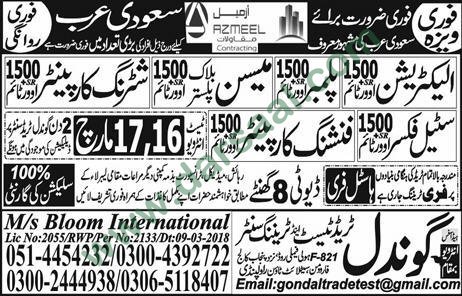 Steel Fixer, Carpenter, Electrician, Plumber Jobs in Saudi Arabia, 12 March 2018