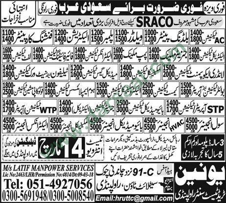 Electrician, Plumber, Welder, AC Technician Jobs in Saudi Arabia, 12 March 2018