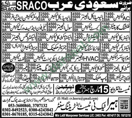 Mechanic, Carpenter, Electrician, Plumber Jobs in Saudi Arabia, 12 March 2018