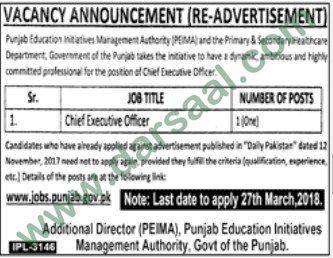 Chief Executive Jobs in Lahore, 12 March 2018