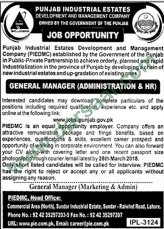 General Manager Jobs in Industrial Estate Lahore, 12 March 2018