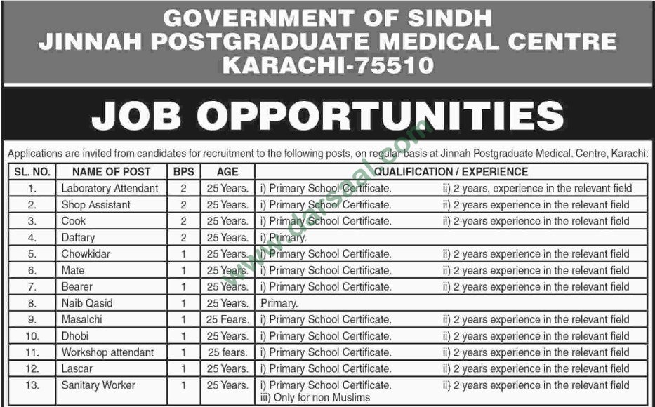 Laboratory Attendant, Shop Assistant, Cook Jobs in Jinnah Postgraduate Medical Center Karachi, 12 March 2018