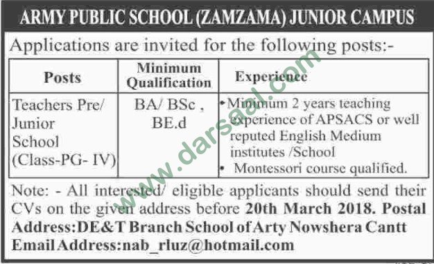 Teachers Jobs in Army Public School Nowshera, 12 March 2018