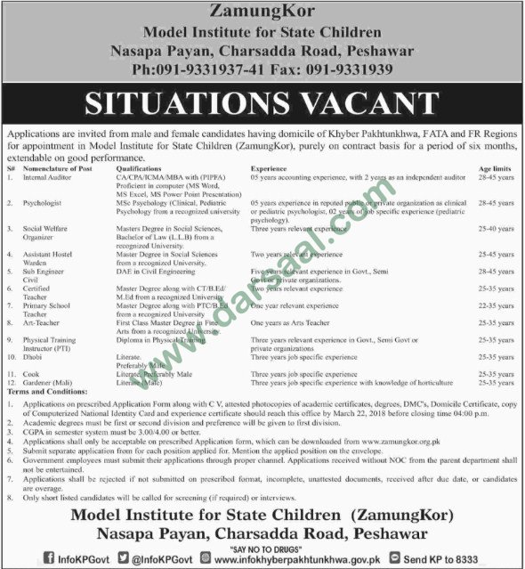 Internal Auditor, Civil Engineer, Teachers Jobs in Peshawar,12 March 2018