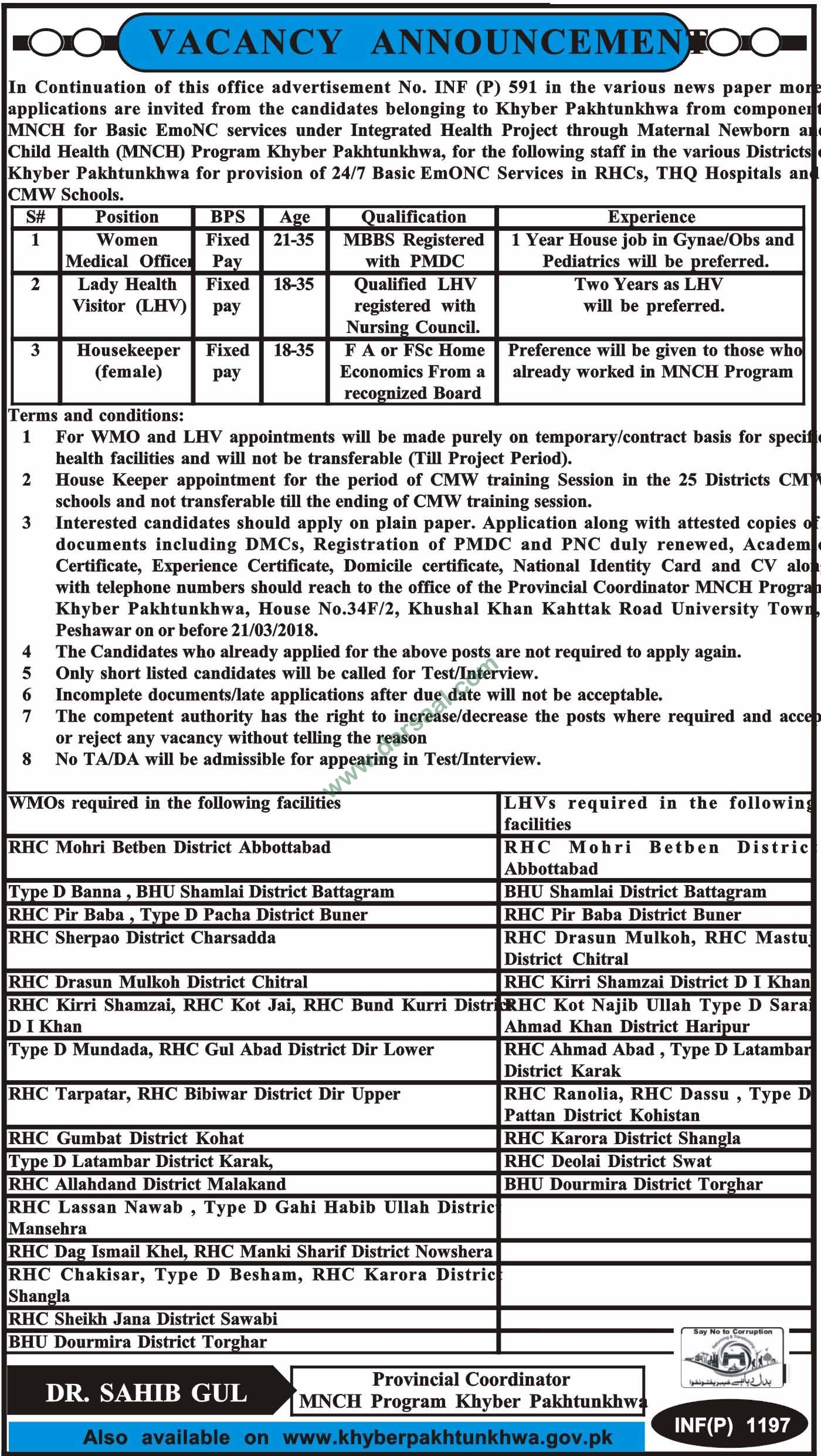 Female Medical Officer, Housekeeper Jobs in Child Health Program KPK, 12 March 2018