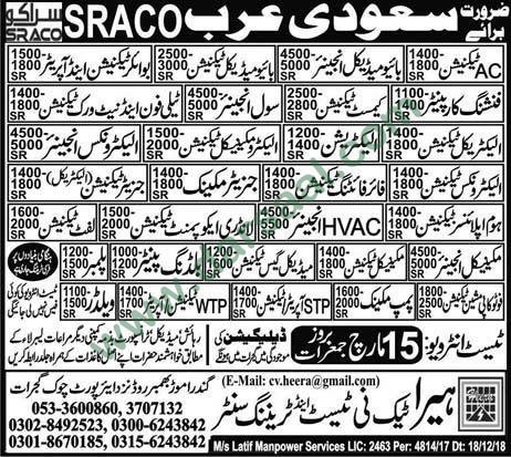 Electrician, Mechanic, AC Technician, Welder Jobs in Saudi Arabia, 13 March 2018