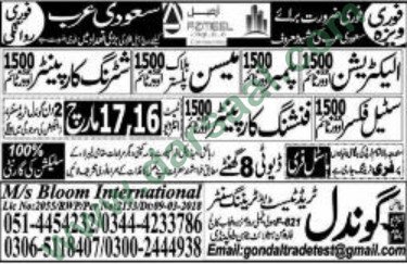 Labour, Mason, Steel Fixer, Carpenter, Electrician Jobs in Saudi Arabia, 13 March 2018
