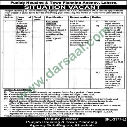 Legal Advisor Jobs in Punjab Housing & Town Planning Agency Khushab, 13 March 2018
