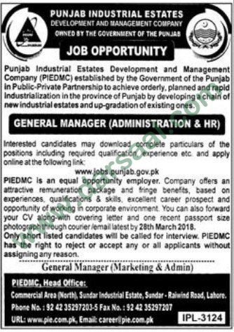 General Manager Jobs in Industrial Estate Lahore, 13 March 2018
