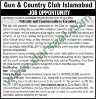 Communication Executive Jobs in Islamabad, 12 March 2018