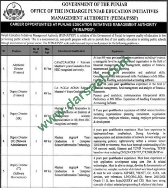 Deputy Director, Additional Director Finance Jobs in Punjab Education Initiative Management Authority Lahore, 13 March 2018