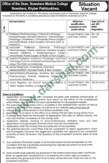 Professor, Assistant, Associate, Registrar Jobs in Medical College Nawshera, 13 March 2018