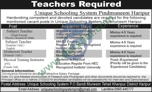 Male/Female Teachers Jobs in Khanpur School, 13 March 2018