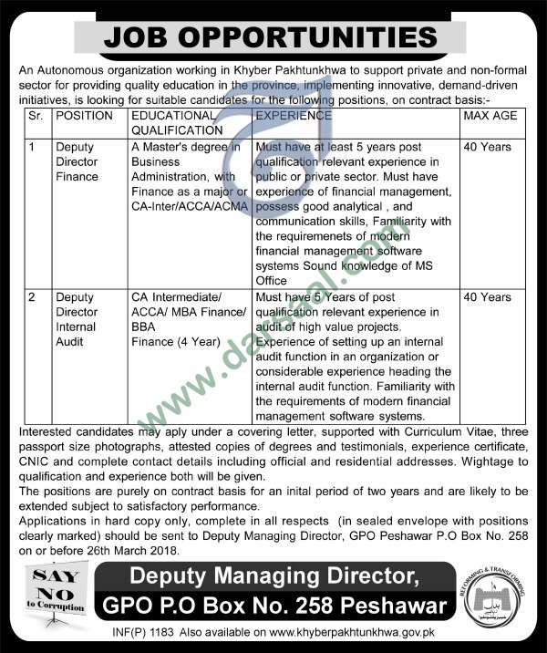 Deputy Director, Jobs in Government Department KPK, 13 March 2018